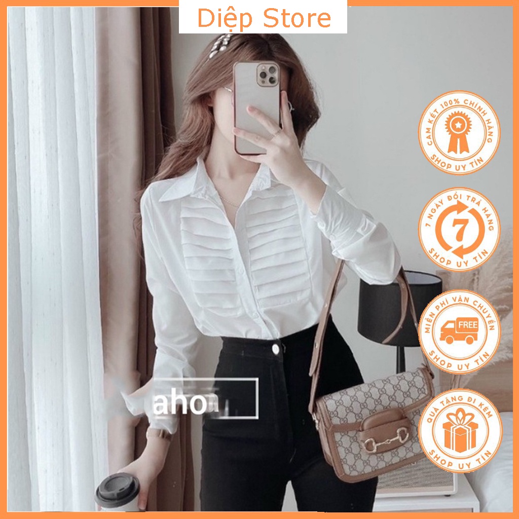 ✳Áo sơ mi nữ màu trắng đi học , tay dài kẻ sọc ngang kiểu hàn quốc đẹp cho sinh Diệp Store ADH02