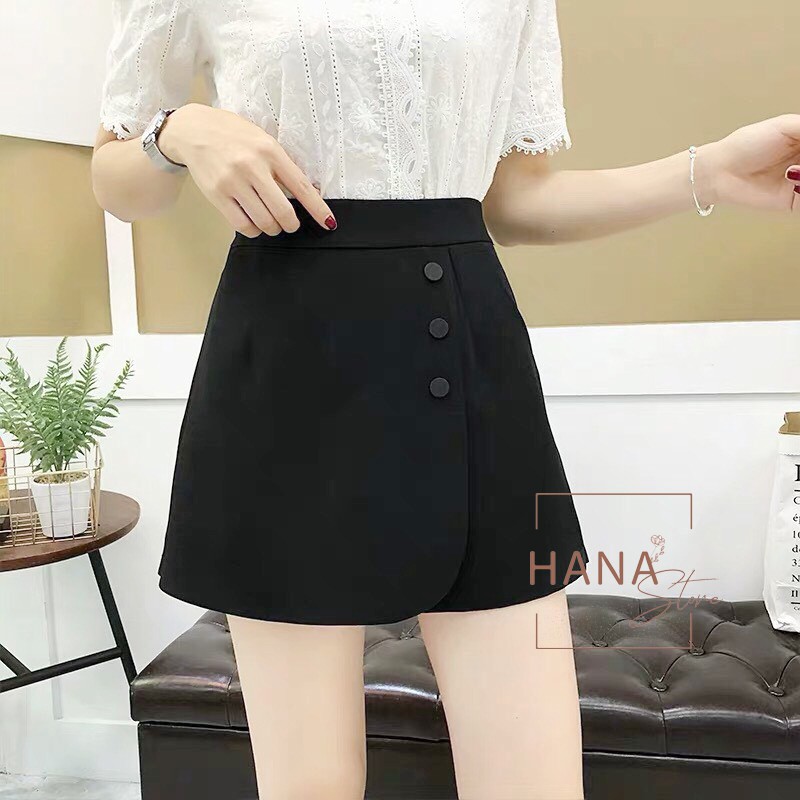 Quần giả váy ngắn chữ A cạp cao vạt chéo phối 3 cúc bấm - Kiểu chân váy a ngắn màu đen vải tuyết mưa mặc đi học làm | BigBuy360 - bigbuy360.vn