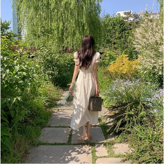 Đầm midi SUXI tay ngắn cổ chữ V màu trơn phong cách Hàn Quốc thời trang cho nữ