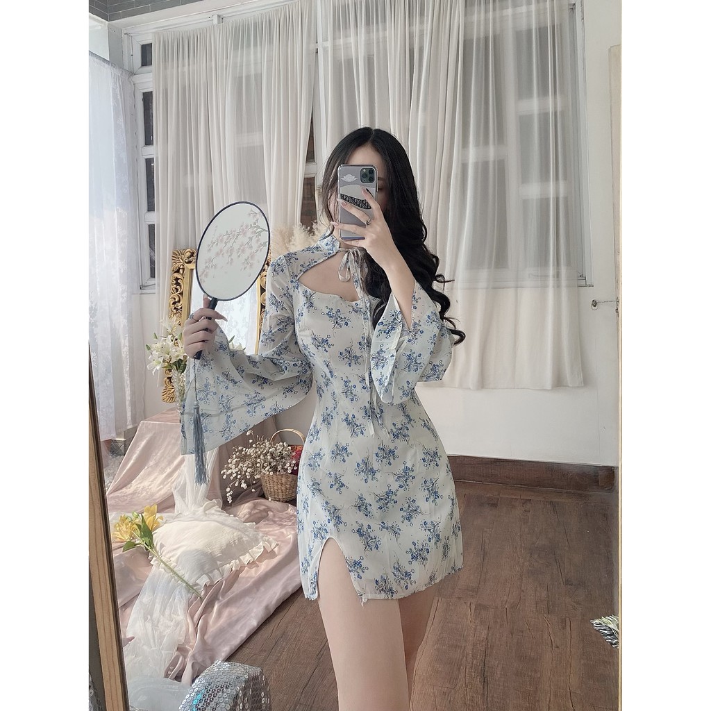 Đầm hoa hở ngực tay dài HDT190 Hỉn Hỉn Store