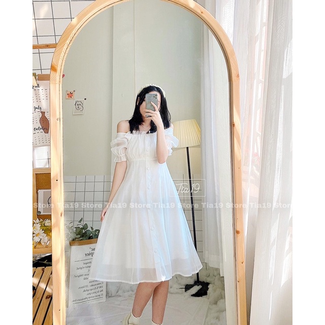 Váy trắng babydoll cúc dáng xoè ulzzang Tia19. Đầm cổ vuông tiểu thư trễ vai dự tiệc voan (Ảnh Thật) | BigBuy360 - bigbuy360.vn