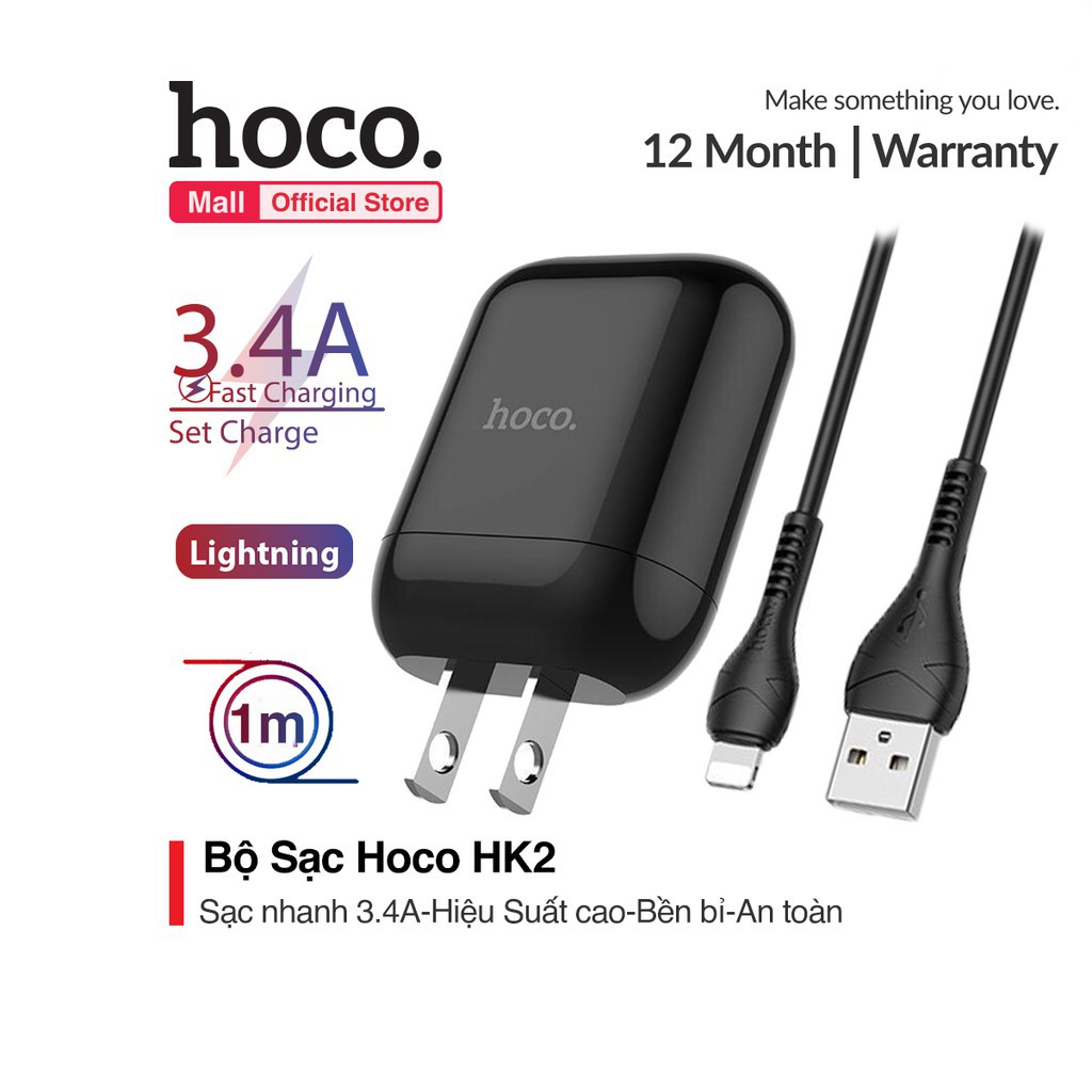 ⚡NowShip⚡ Bộ Sạc Nhanh Hoco HK2 3.4A Lightning Type C Micro USB dòng 3.4A Cho IPhone IPad Android..