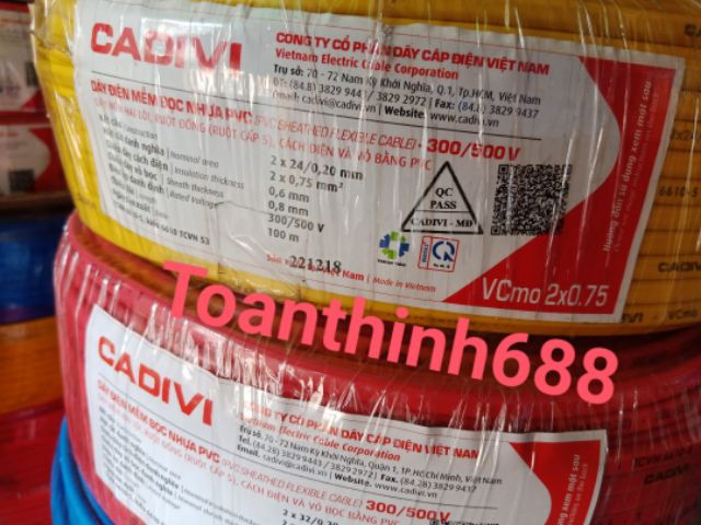 Dây điện đôi mềm dẹp cadivi 50mét dây 2lớp vỏ bọc VCmo2x1.0 +2x0.75)