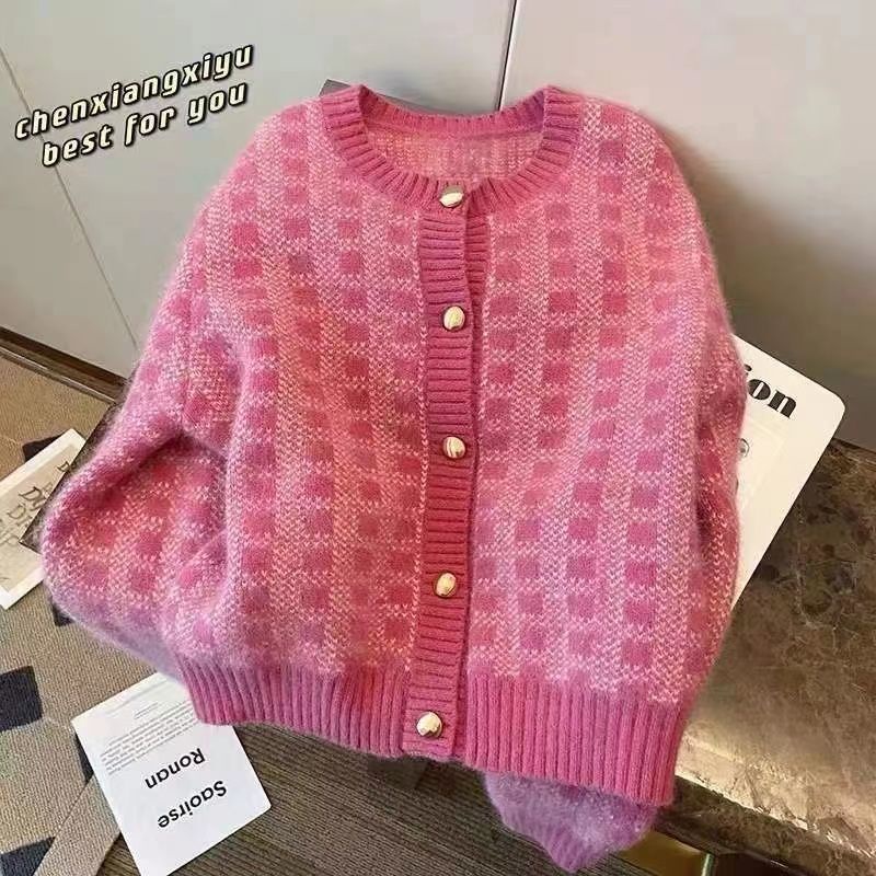 Áo Khoác Cardigan Dệt Kim Kẻ Sọc Caro Xinh Xắn Cho Nữ