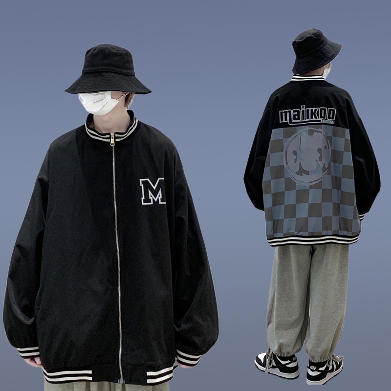 ✦AFFLIGA✦ Áo Khoác Bóng Chày Cổ Đứng Dáng Rộng In Họa Tiết Caro Phối Khóa Kéo Kiểu hip-hop Đường Phố Hàn Quốc Thời Trang Xuân Thu Cho Nam
