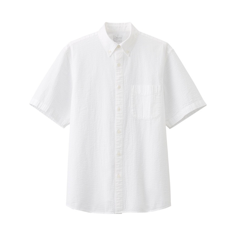 Muji Áo Sơ Mi Vải Seersucker Washed Cổ Cài Nút Ngắn Tay