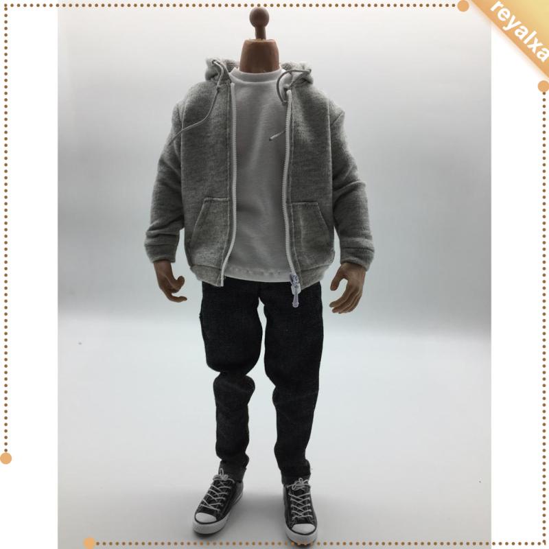 Set áo hoodie + quần jeans + nón + giày màu xám tỉ lệ 1:6 cho mô hình nhân vật nam 12''