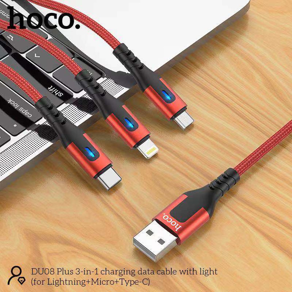 Cáp Sạc Hoco DU08 Plus 3 in 1, Sạc Nhanh 2.4A, Có Đèn LED, Dây Dù Chống Dối, Đứt Gãy, Hỗ Trợ Truyền Dữ Liệu, Dài 1.2m
