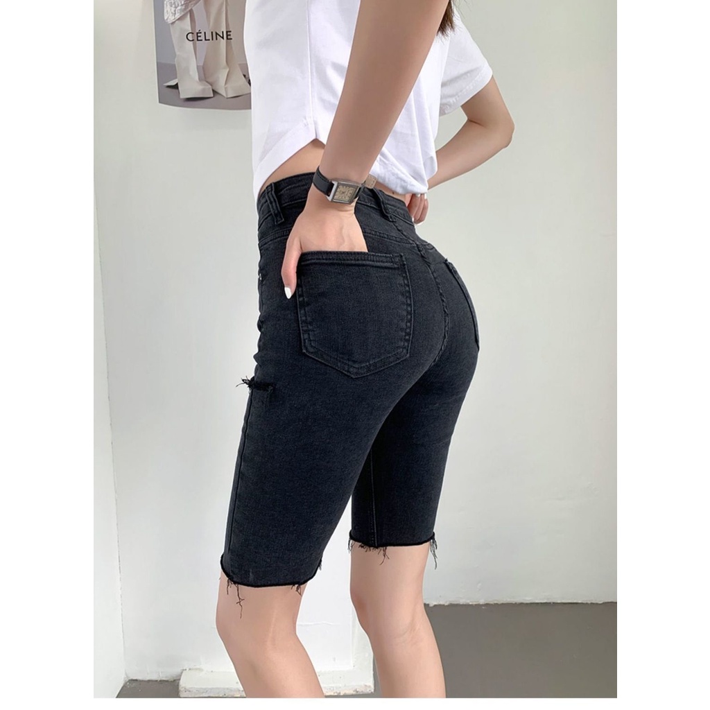 Quần Short denim Lưng Cao Co Giãn Ống Suông Thời Trang Mùa Hè 2022 Cho Nữ