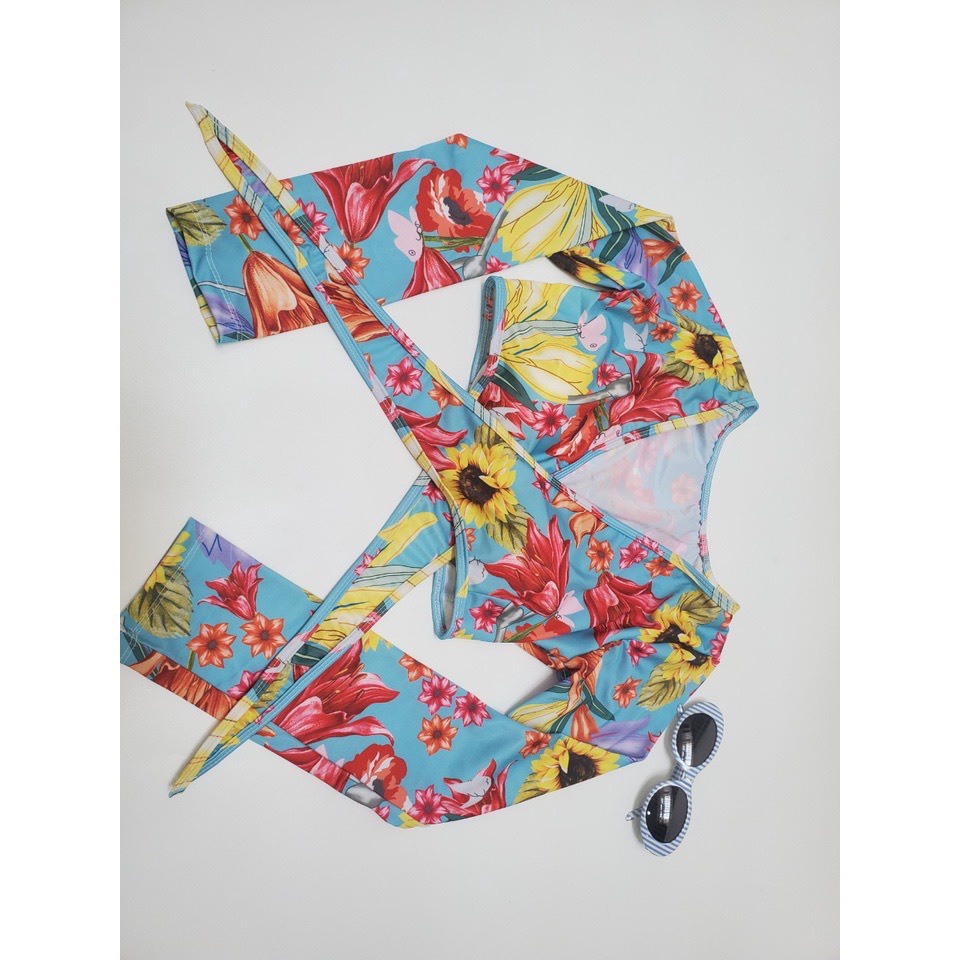 SET BIKINI, ĐỒ BƠI ĐI BIỂN 3 MÓN ÁO TAY DÀI QUẦN LỌT KHE HỌA TIẾT HOA KÈN ĐỎ SEXY BM-096