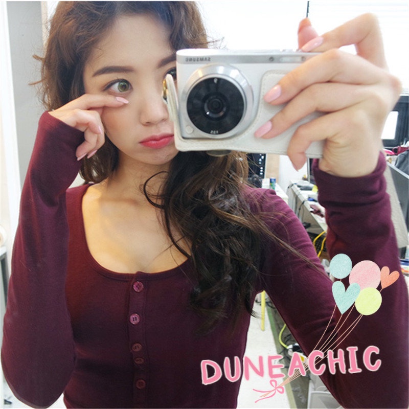 DUNEA Áo Thun Tay Dài Cổ Tròn Phối Hàng Nút Kiểu Dáng Quyến Rũ