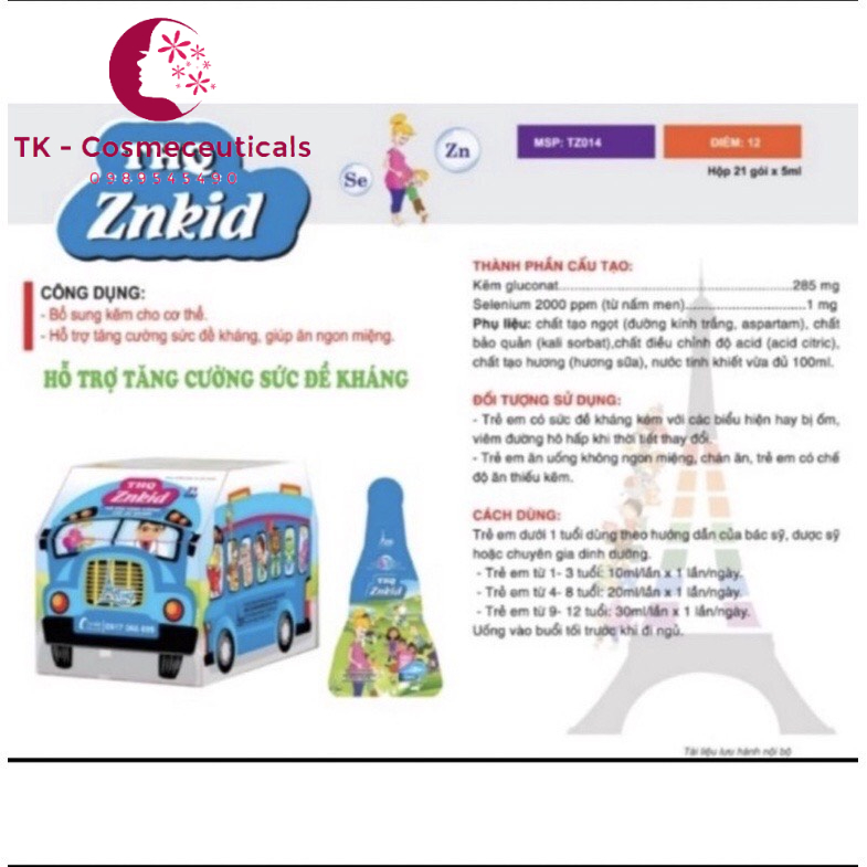 Kẽm THQ Znkid Bổ Sung Kẽm, Hỗ Trợ Tăng Cường Sức Đề Kháng Giúp Bé Ăn Ngon Miệng - Hộp 21 Gói