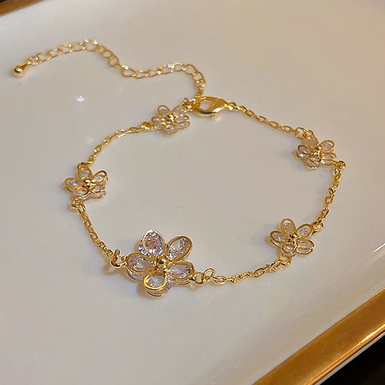 Vòng Tay Mạ Vàng Mặt Hình Hoa Đính Đá Zircon Phong Cách Hàn Quốc