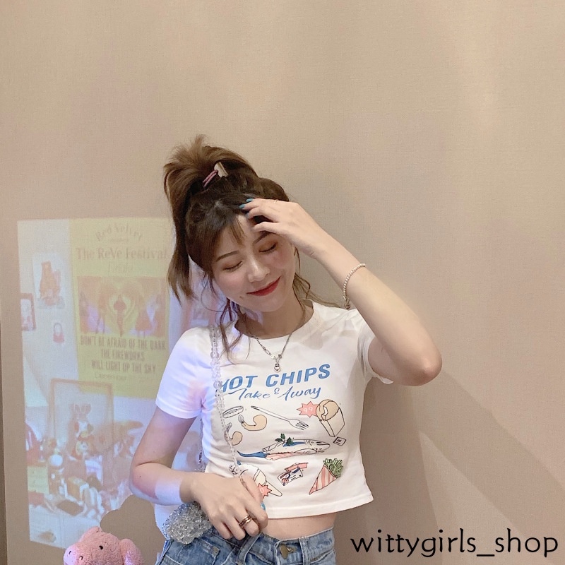 Wittygirls-áo Thun Tay Ngắn Hở Rốn Dáng Ôm Thời Trang Mùa Hè Sang Trọng Cho Nữ