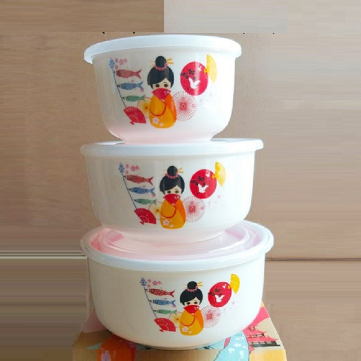 bộ 3 thố sứ có nắp hút chân không - bộ 3 thố sứ búp bê có nắp