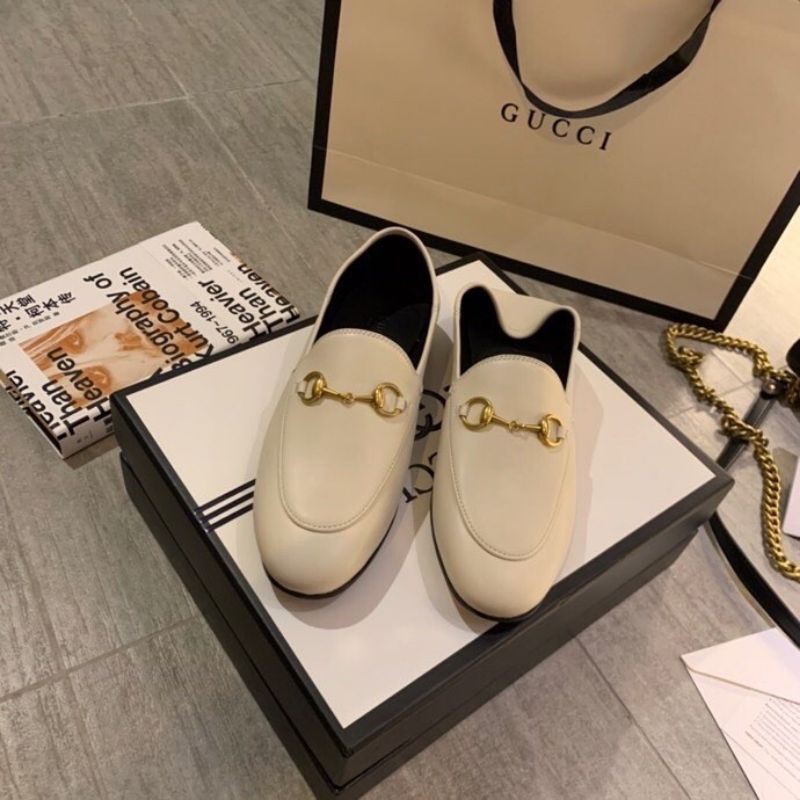 giày lười loafer nam nữ da thật mũi tròn gắn quai xích GG Gucci GC đủ size