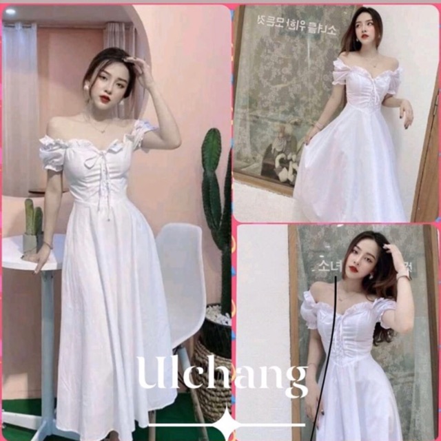 Đầm trắng xoè viền bèo ngực nơ ngực mặc 2 kiểu ulzzang hàn quốc