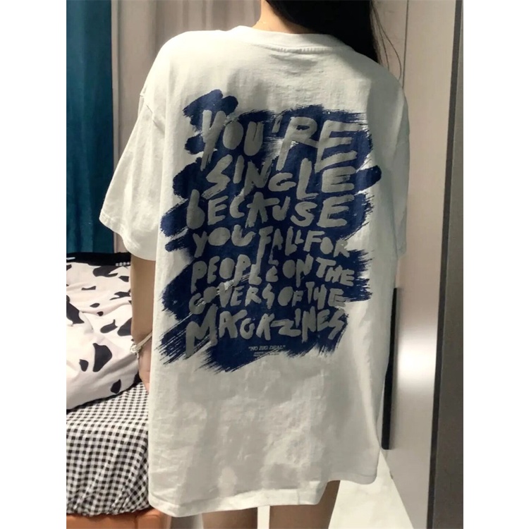 Áo Thun Trắng Tay Ngắn Cổ Tròn Dáng Rộng In Họa Tiết Thời Trang Dễ Phối Đồ Cho Nữ