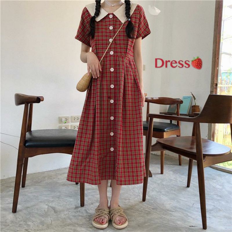 [Order] Váy maxi dài kẻ caro đỏ cổ sơ mi trắng vintage (ảnh thật)