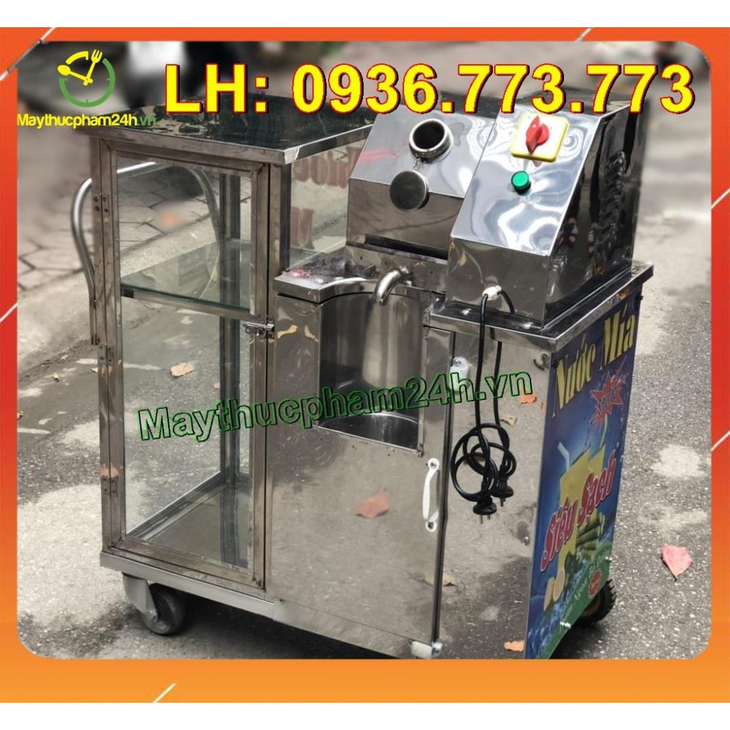 Máy ép mía xe đẩy tay, có khung chắn ép an toàn, inox sạch sẽ có tủ kính