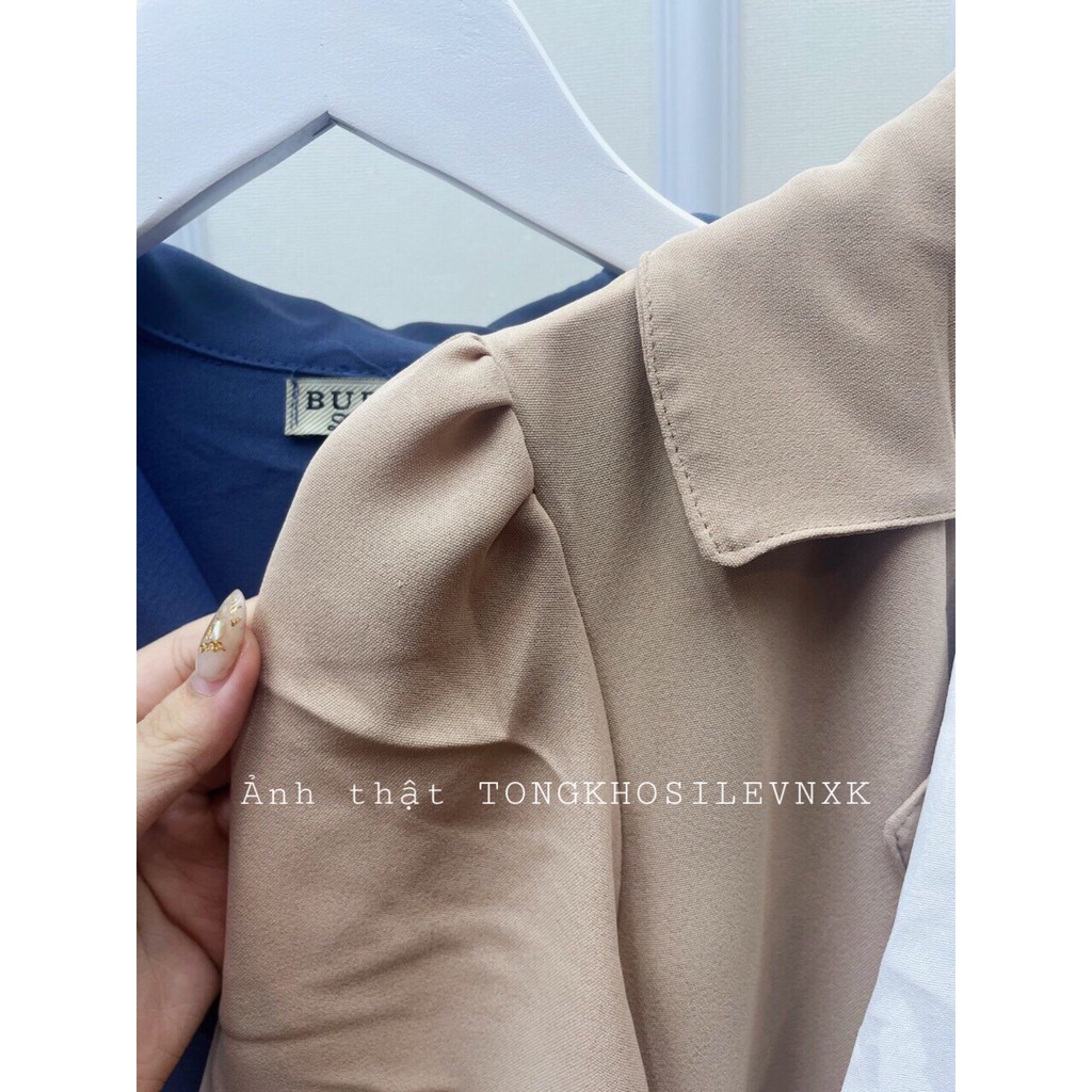 VÁY SƠ MI BUỘC DÂY EO ĐEN XANH TRẮNG BE - ĐẦM NỮ TAY LỠ THẮT NƠ HÔNG