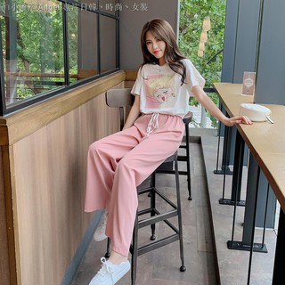 Set Áo Tay Ngắn + Quần Dài Ống Rộng Thời Trang Dành Cho Nữ