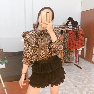 Sơ mi da báo cổ nơ