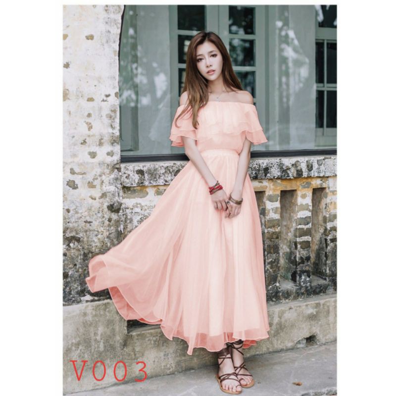 đầm Voan áo trễ vai, free size từ 45 đến 52 ký