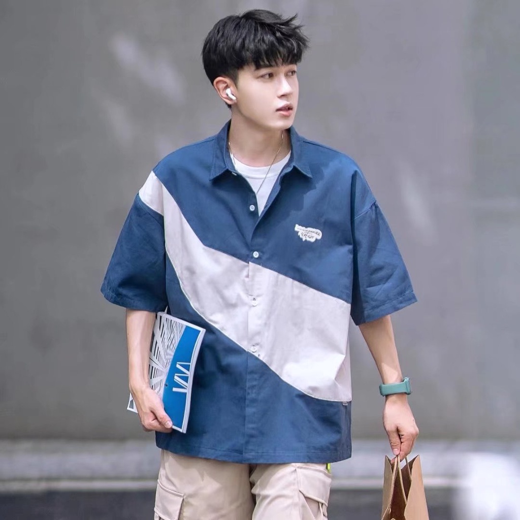 Áo Sơ Mi Tay Ngắn Dáng Rộng Màu Trơn Phối Túi Thời Trang Hàn Quốc Cho Nam