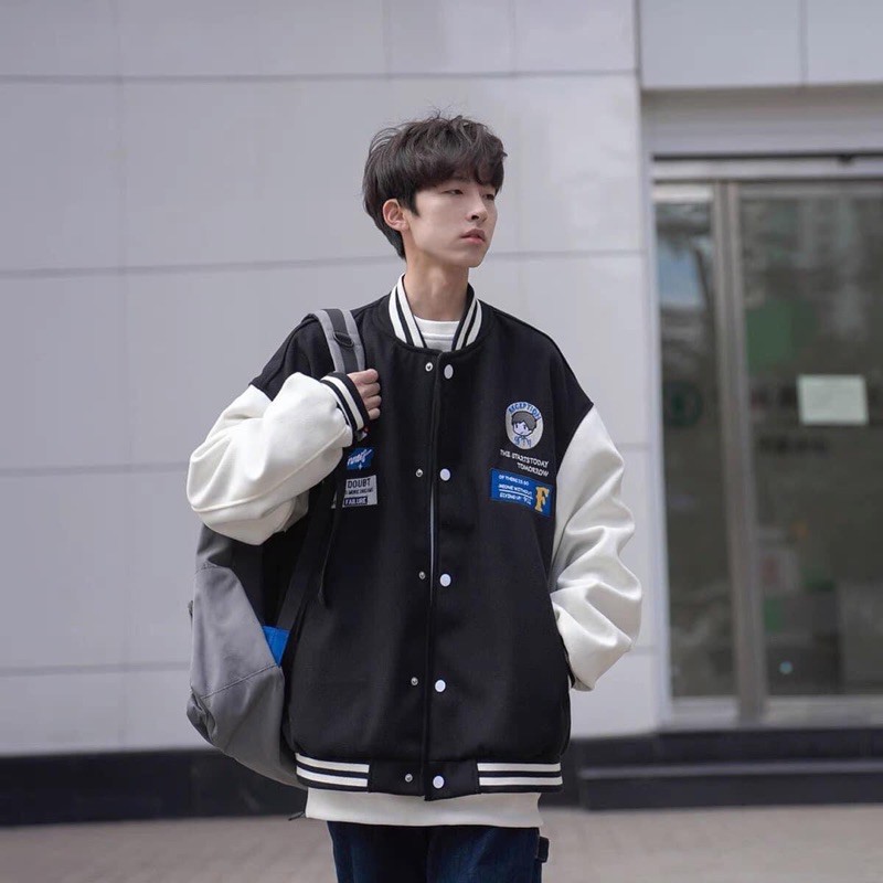 Áo Khoác Nỉ Bông Bomber Logo Nút Bấm Kèm Ảnh Thật