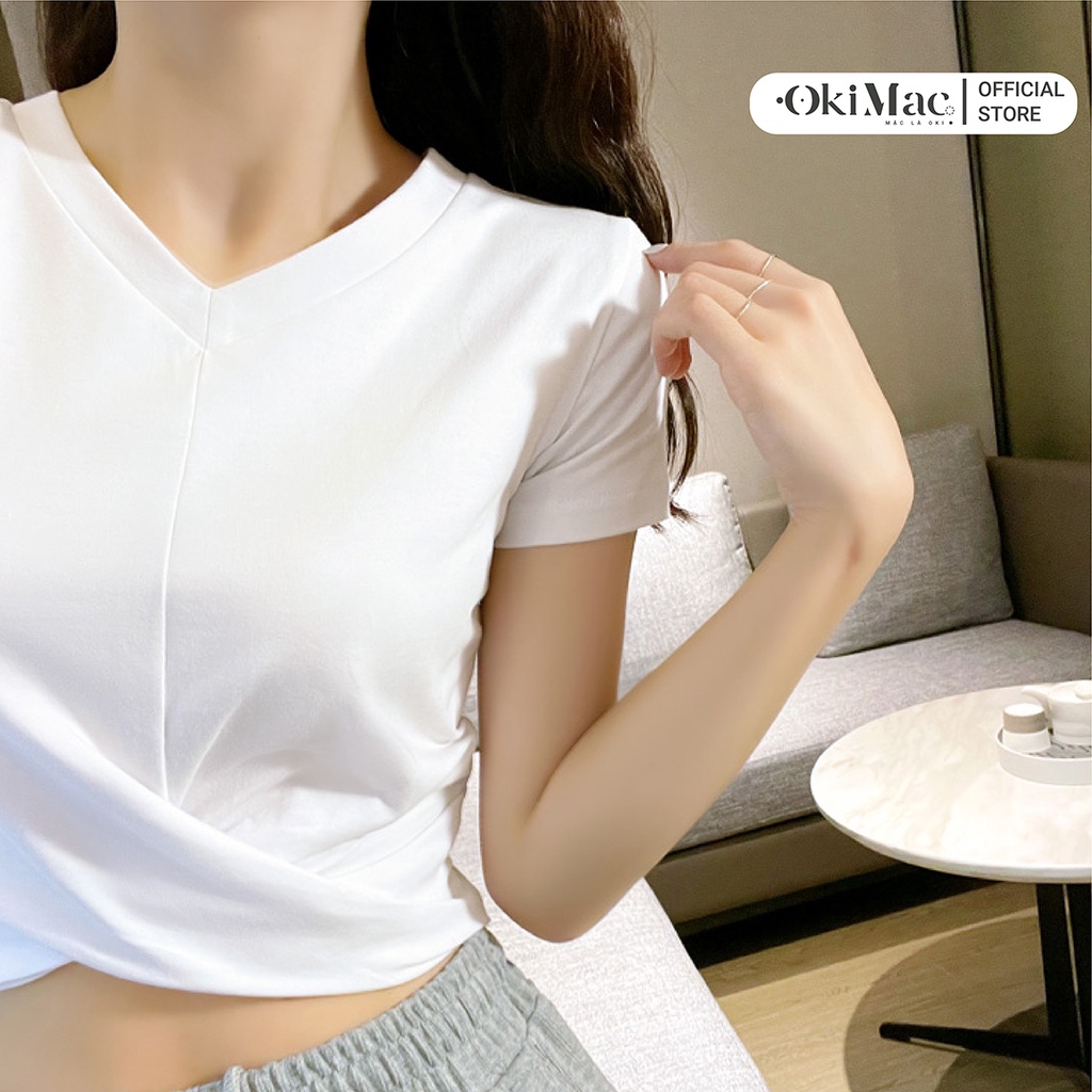 Áo croptop nữ cổ tim chữ v tay ngắn kiểu ôm body xoắn eo thun cotton phong cách ulzzang thời trang nữ OKIMAC | BigBuy360 - bigbuy360.vn