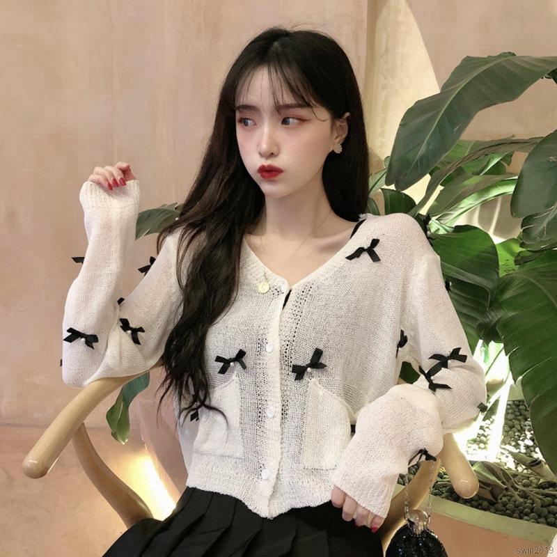 Women Small Knitted Bow Decoration Long-sleeved Slim Sunscreen Jacket Ladies Breathable Sweet Cardigan