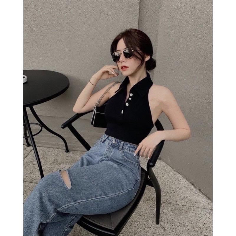 Áo Lửng Không Tay Cổ Tim Phong Cách Quyến Rũ Cho Nữ♥️ Áo Croptop Polo cài nút Hở lưng { Hình +clip thật 1000% }