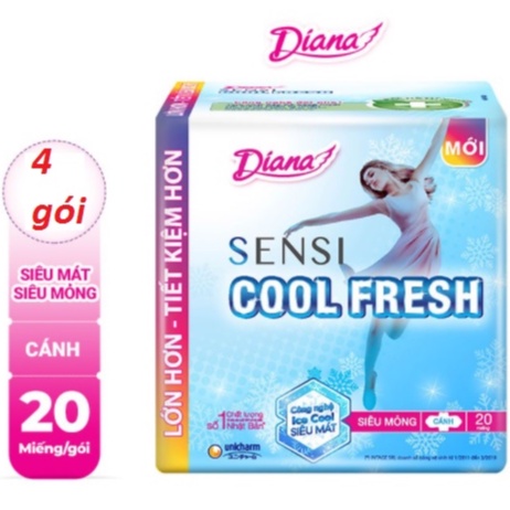 Bịch 4 Gói 20 Miếng x 23cm Băng vệ sinh Diana Sensi Cool Fresh siêu mỏng cánh