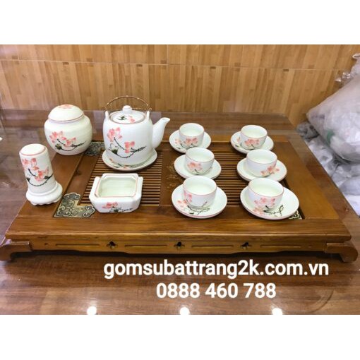 BỘ ẤM CHEN MEN KEM VẼ SEN HỒNG DÁNG VẠI ĐỦ PHỤ KIỆN