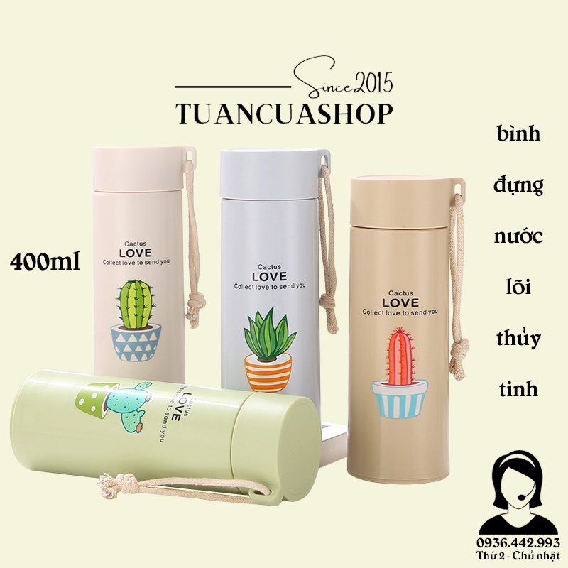 Bình giữ nhiệt in hình xương rồng 400ml lõi thủy tinh bọc vỏ nhựa có dây xách tiện lợi (BXR10)