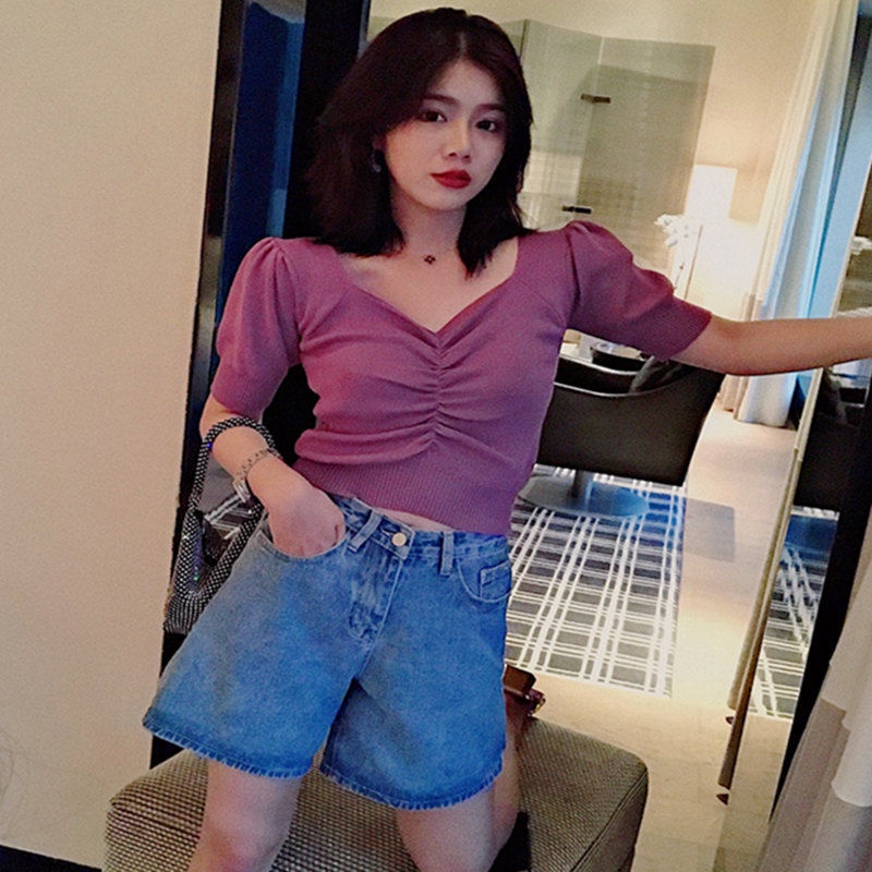 Áo Len Tay Ngắn Phồng Xếp Ly Cổ Thấp Thời Trang Dành Cho Nữ