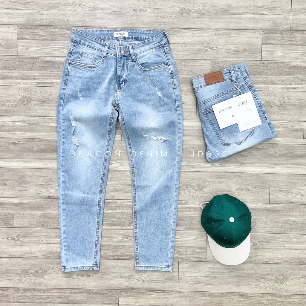 Beacon Denim - Quần jean dài nam xanh nhạt rách đùi mã JD532