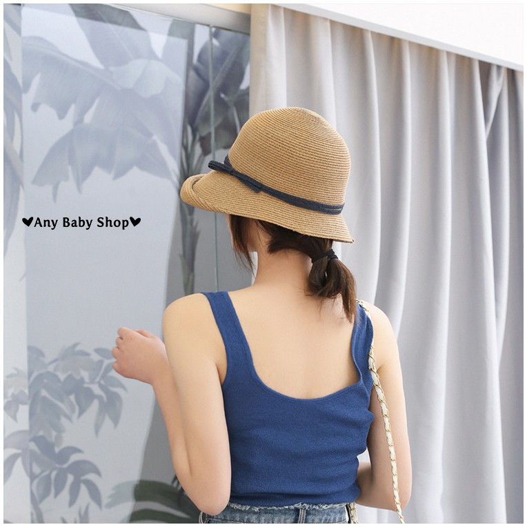 Mũ cói đi chơi, đi biển uốn vành đính dây nơ 5 màu sang chảnh- gấp gọn được (hàng có sẵn) ❣❣