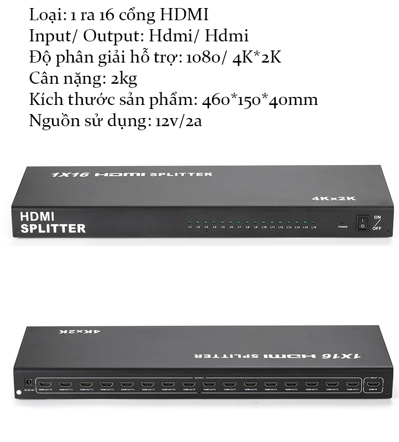 Bộ chia HDMI 1 ra 16 cổng, splitter HDMI 1x16 hỗ trợ 4K*2K nguồn 12v - Hồ Phạm