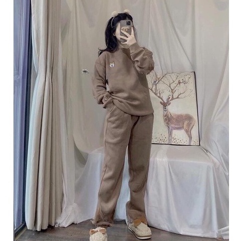 Set nỉ thêu chó shiba dài tay nữ - Bộ đồ ngủ quần ống bo gấu kèm áo sweater màu trắng, nâu mặc ở nhà đẹp HOT