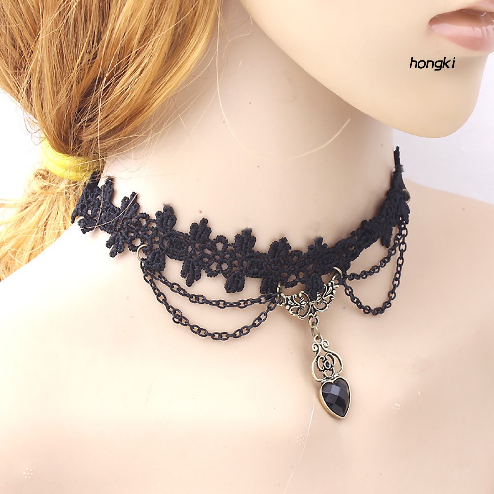 Vòng Cổ Choker Ren Hoa Mặt Hình Trái Tim Phong Cách Gothic