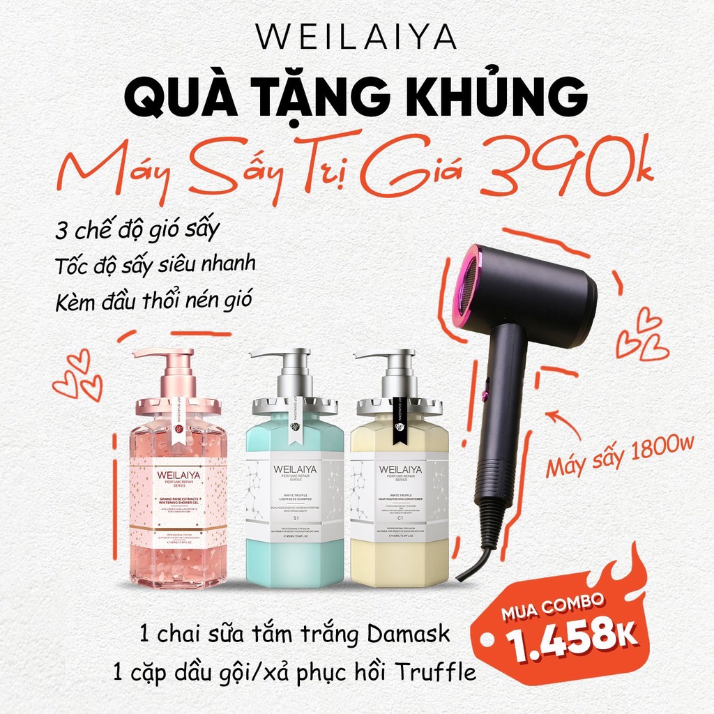 Bộ sản phẩm chăm sóc tóc và Sữa tắm nước hoa, trắng da toàn thân Weilaiya 450ml