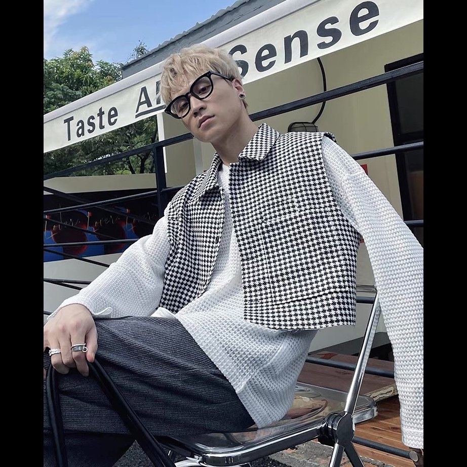 Áo Gile dạ tweed khoác ngoài họa tiết houndstooth form lửng