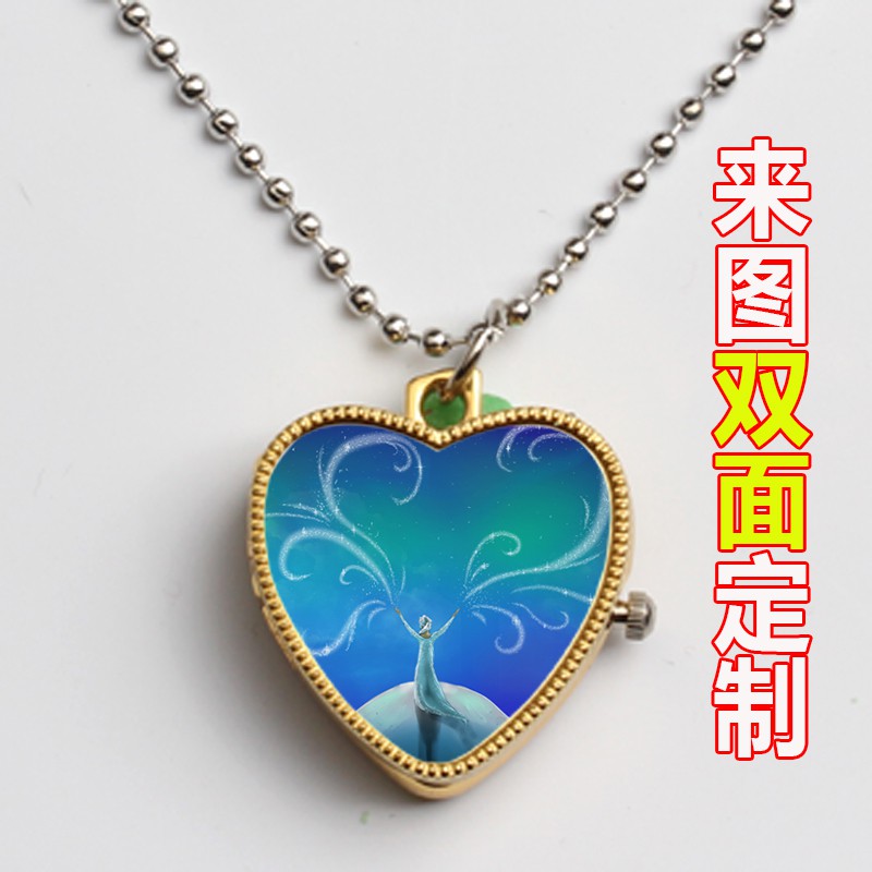 ℗☌Children heart girl ice colors fashion flip quartz pocket watch necklace gift chain insert