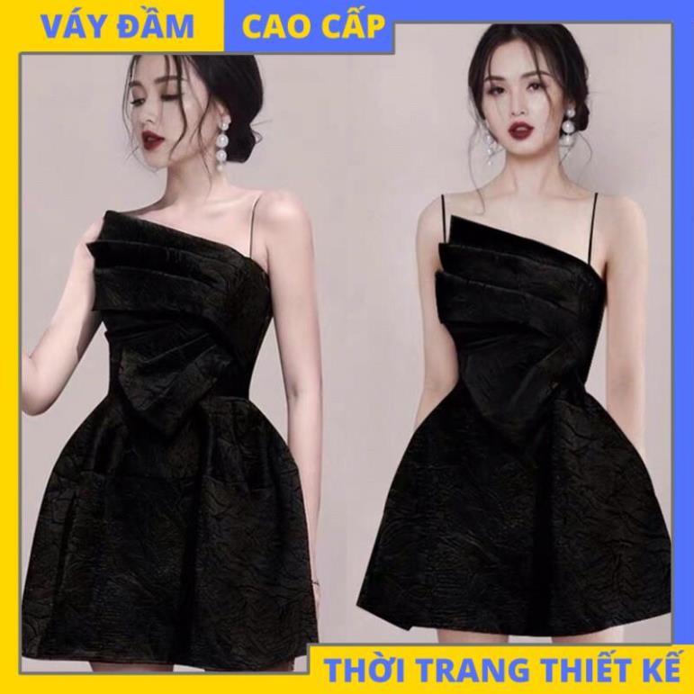 Đầm sang trọng đầm dự tiệc gấm hai dây xoè nơ ngực đi chơi dạo phố cao cấp (CÓ ĐỆM NGỰC) [HÀNG THIẾT KẾ CAO CẤP]