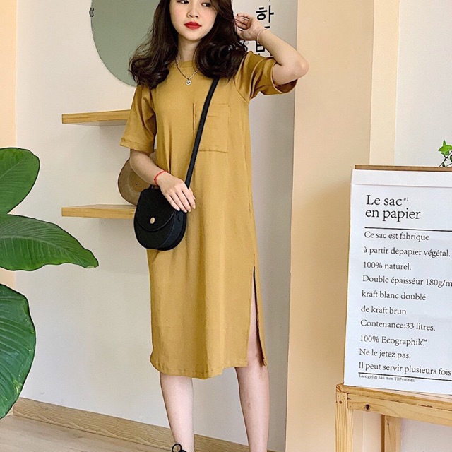Đầm suông basic xẻ tà