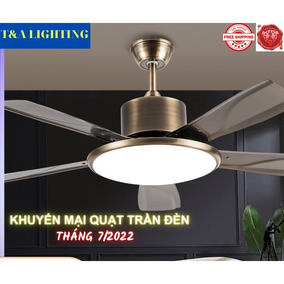 Quạt trần Quạt trần đèn_quạt có đèn_quạt trần trang trí phòng khách 5 cánh thép kèm điều khiển từ xa thông minh