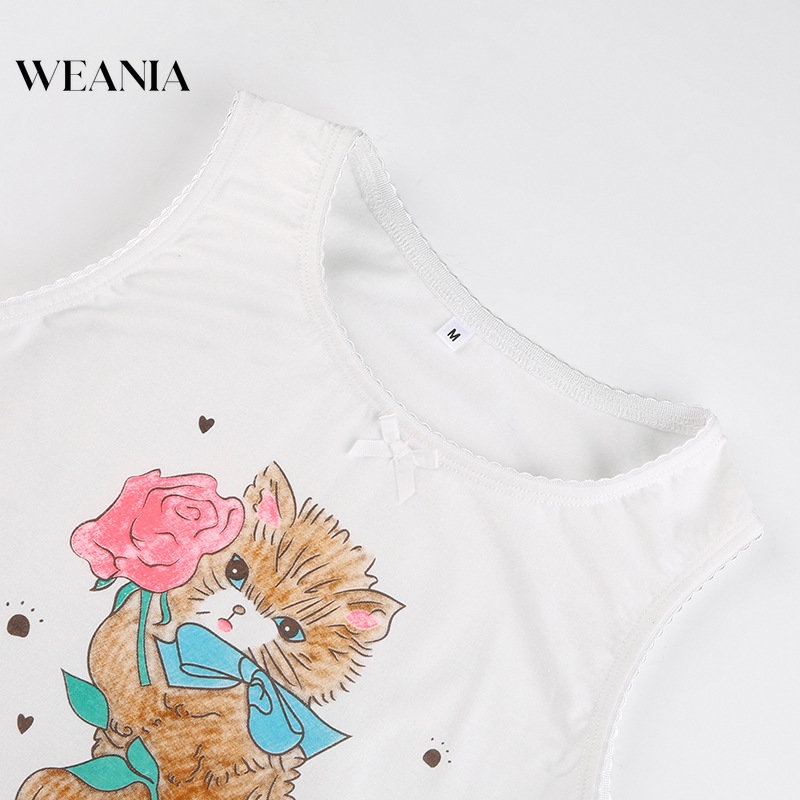 Áo Tank Top Phối Ren In Hình Mèo Dễ Thương Cho Nữ