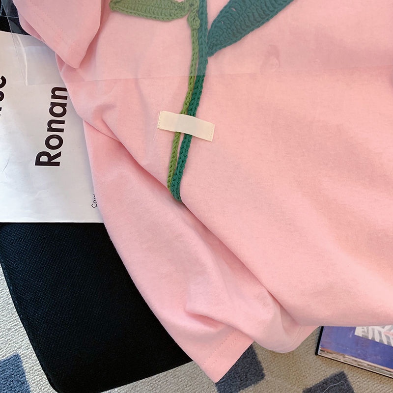 Áo Thun Nữ Tay Ngắn In Hình Hoa tulip Hồng Thời Trang Hàn Quốc